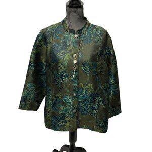 Tudor Court Jacket Womens Size 1X Green Teal Silver Tapestry Button Up Blazer